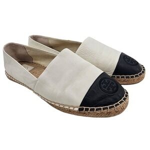 Tory Burch Womens 9 Colorblock‎ Leather Espadrilles Flats in Ivory Black